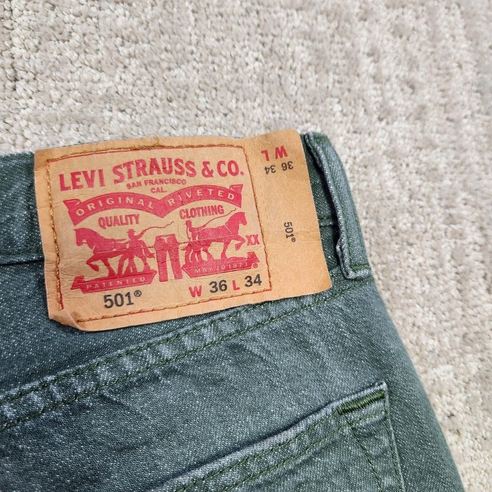 Levis 501 Jeans Men‎ 35x32 READ* White Oak Cone Denim Straight Button Fly Green